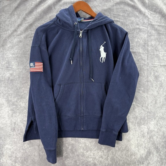 Polo Ralph Lauren Hoodie Womens M Navy USA Big Pony Full Zip Jacket - Picture 2 of 6